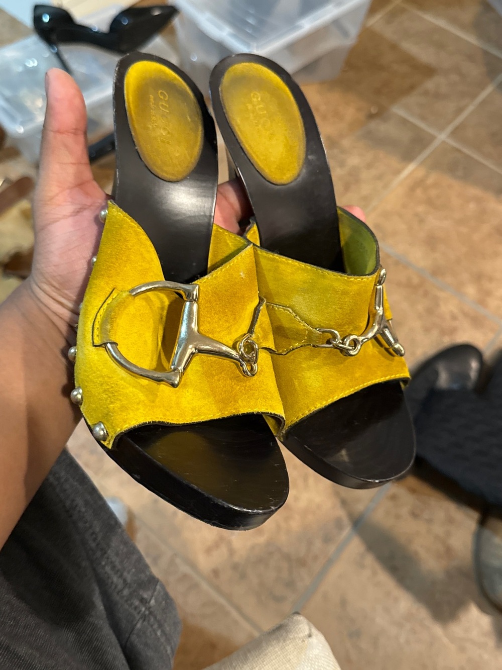 Gucci Yellow Suede Horsebit Open-Toe Mules
